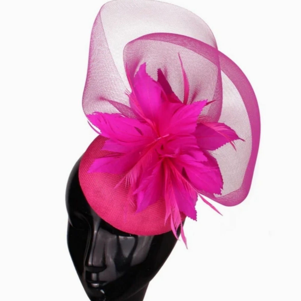 Beloved Millinery Fuschia High Tulle Feather Flower Fascinator Tea Church Brunch